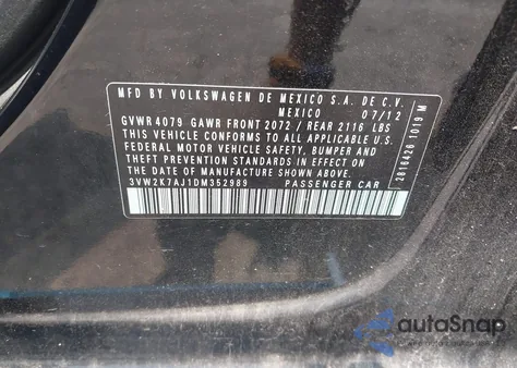 2013 Volkswagen Jetta 2.0L S z USA, uszkodzony, nr VIN 3VW2K7AJ1DM352989